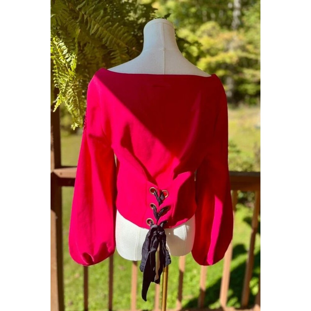 Maeve Anthropologie M Pink Corset Lace-Up Back Balloon Sleeve Top - Picture 3 of 7